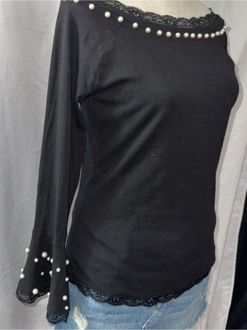 bebe Black Lace-Trim Long Sleeve Top with Pearl Accents - Picture 2 of 4